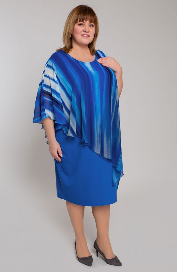 Drapiruota suknelė su rugiagėlių jūros spalvos ombre sijonu