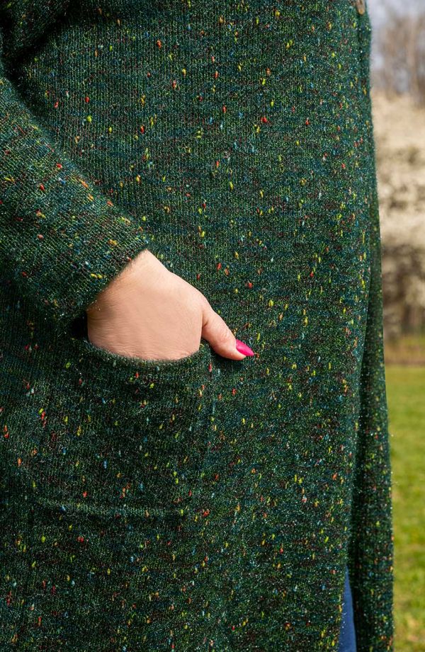 Ilgas džemperis su gobtuvu žalias melanžas