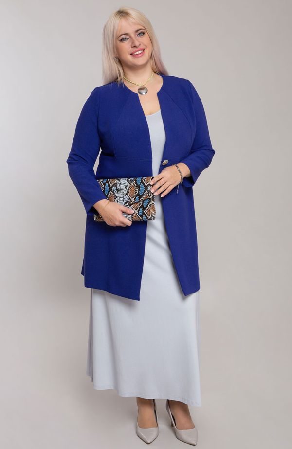 Elegantiškas rugiagėlių mėlynos spalvos paltas su sagomis