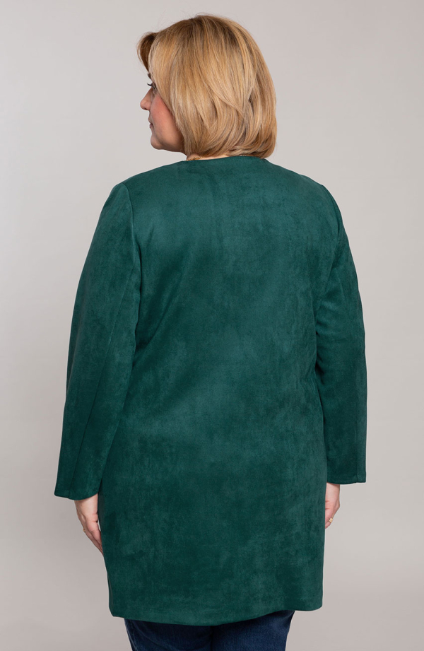 Tamsiai žalias dirbtinės zomšos paltukas su spaudėmis