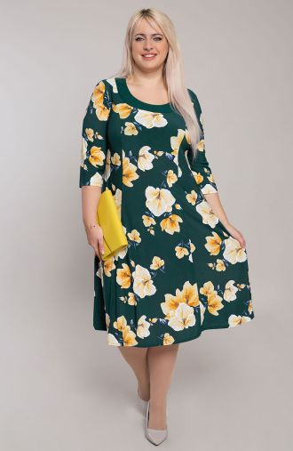 Platėjanti suknelė su 3/4 rankovėmis geltonos gėlės