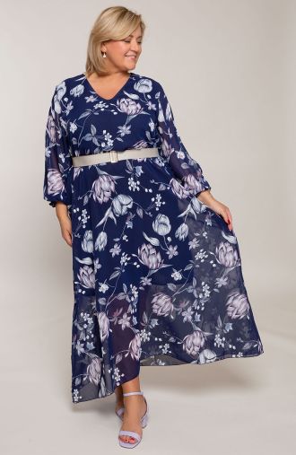 Tamsiai mėlyna šifono suknelė su violetinėmis gėlėmis