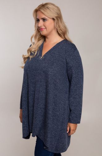 Ilgas tamsiai mėlynas megztinis su kaspinėliu