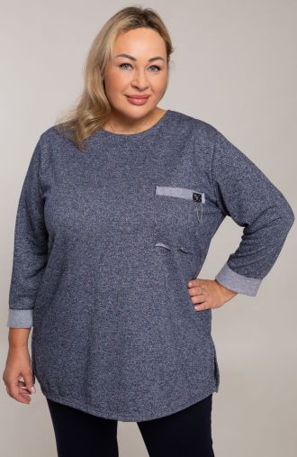 Mėlyno melanžo megztinis su kišene