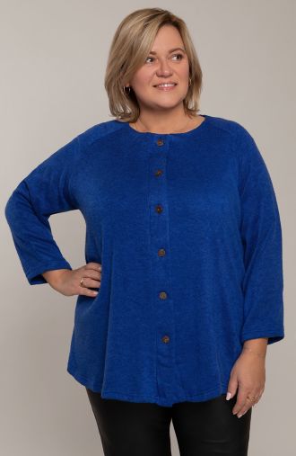 Šiltas rugiagėlių mėlynumo megztinis su sagomis