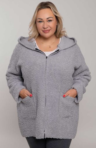 Pilkos spalvos bouclé džemperis su kišenėmis