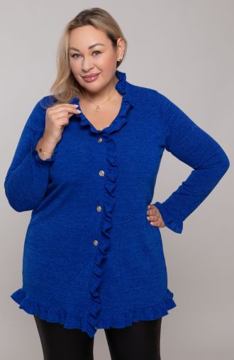 Rugiagėlių mėlynumo megztinis su raukiniais