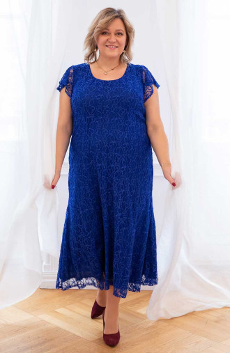 Ilga rugiagėlių mėlynos spalvos trapecijos suknelė trumpomis rankovėmis plius dydžio moterims Madingi dideli dydžiai