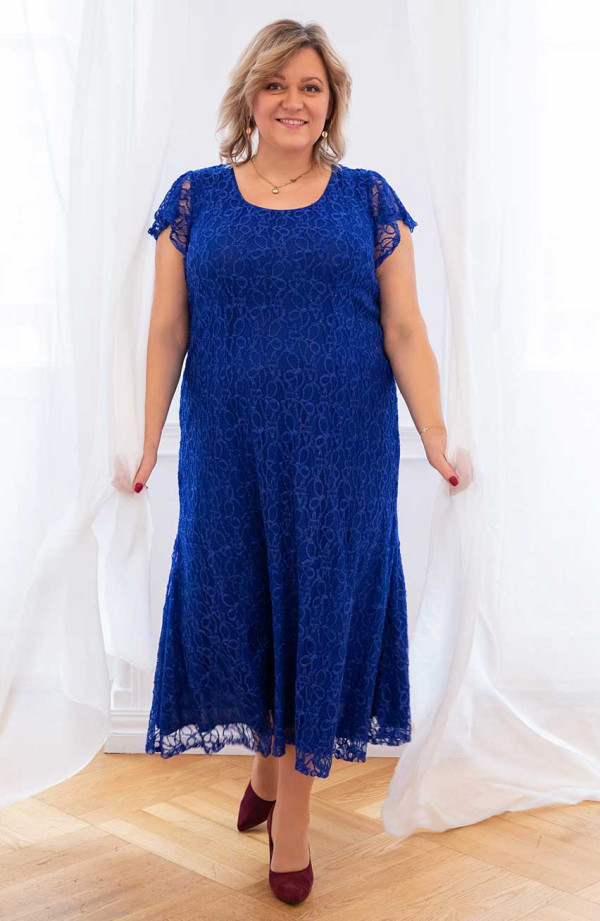 Ilga rugiagėlių mėlynos spalvos trapecijos suknelė trumpomis rankovėmis plius dydžio moterims Madingi dideli dydžiai