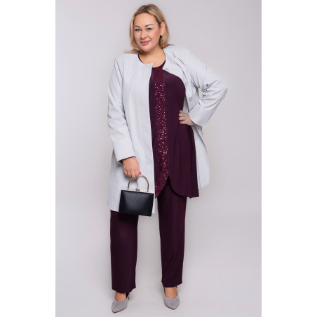 Elegantiškas violetinis moteriškas kostiumas su kelnėmis ir ilgesne tunika bei 3/4 rankovėmis vestuvėms | Madingi dideli dydžiai