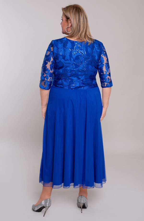 Rugiagėlių mėlynos spalvos suknelė su atlasiniais nėriniais