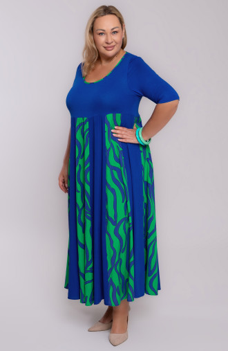 Ilga rugiagėlių mėlynos spalvos suknelė su žaliu raštu