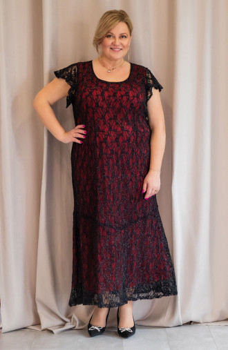 Ilga juoda nėrinių suknelė su raudonu pamušalu - pūkuota vestuvėms | Mada Dideli dydžiai