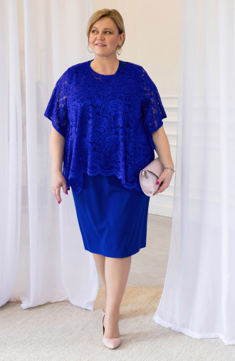 Rugiagėlių mėlyna dviejų dalių vakarinė suknelė su nėriniuota palaidine plius dydžio moterims vestuvėms | Madingi dideli dydžiai