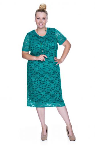 Žalia nėriniuota suknelė trumpomis rankovėmis